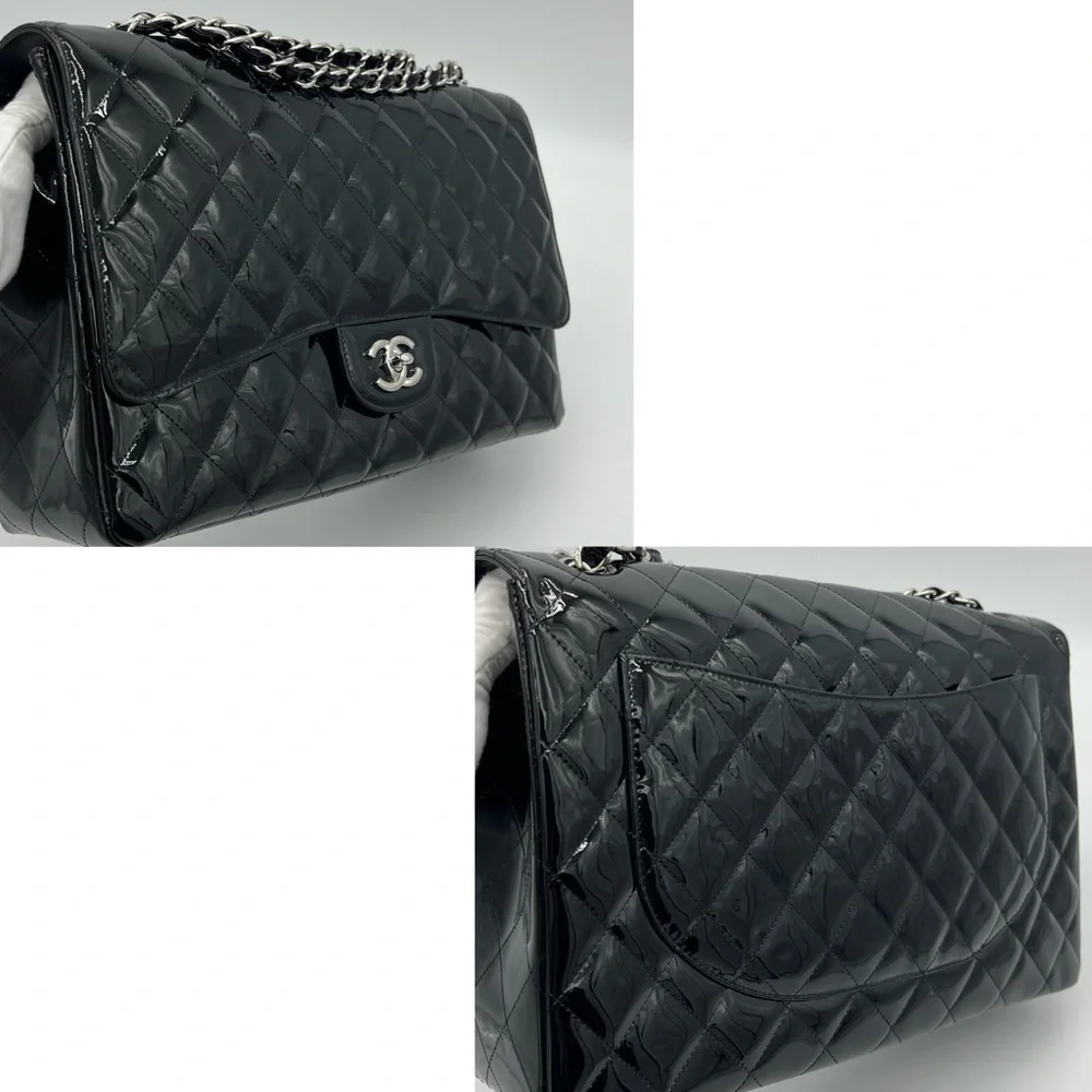 Authentic Chanel Classic Glossy shimmery black Patent leather Maxi single flap - Picture 10 of 17